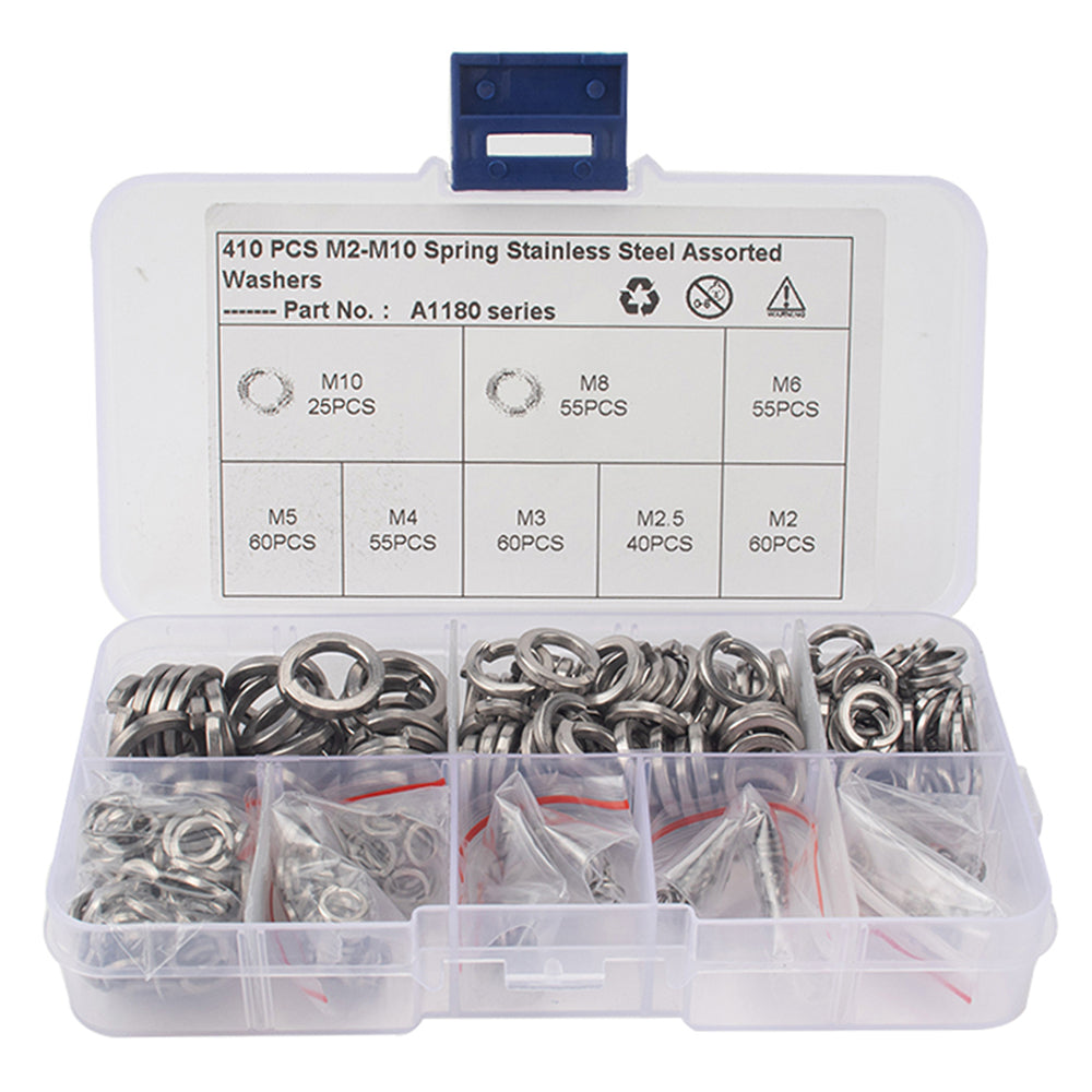 A1180 410Pcs M2-M10 Stainless Steel Assorted Spring Washers with Plastic Box A1180 410Pcs M2-M10 Stainless Steel Assorted Spring Washers with Plastic Box